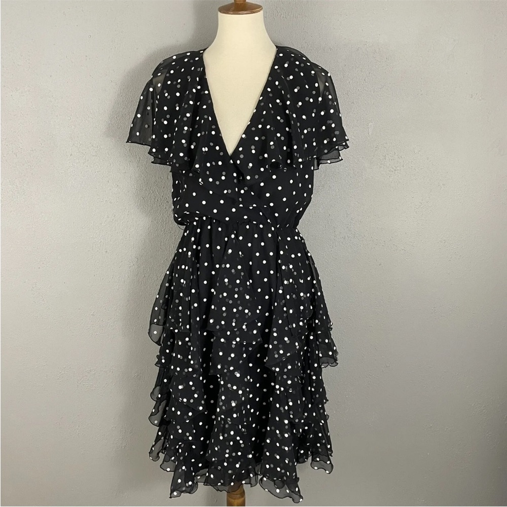 Vtg Pat Richards Michael Maiello Black Polka Dot Dress 10 Ruffle Party Sheer Slv